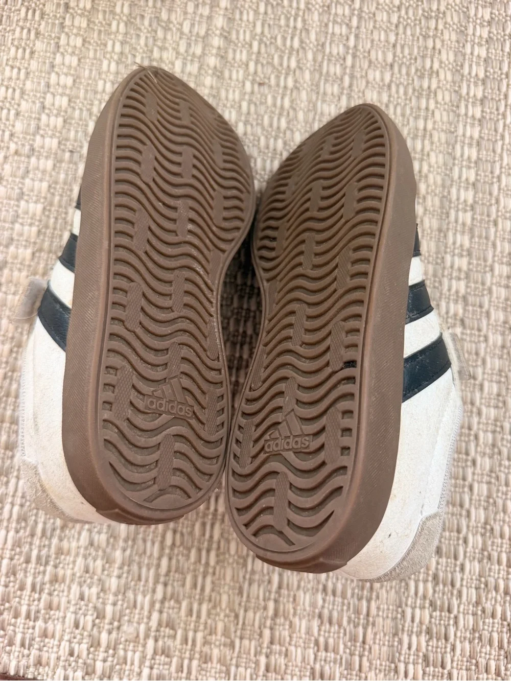 adidas Kids Cream Sneakers with Black Stripes and Brown Soles